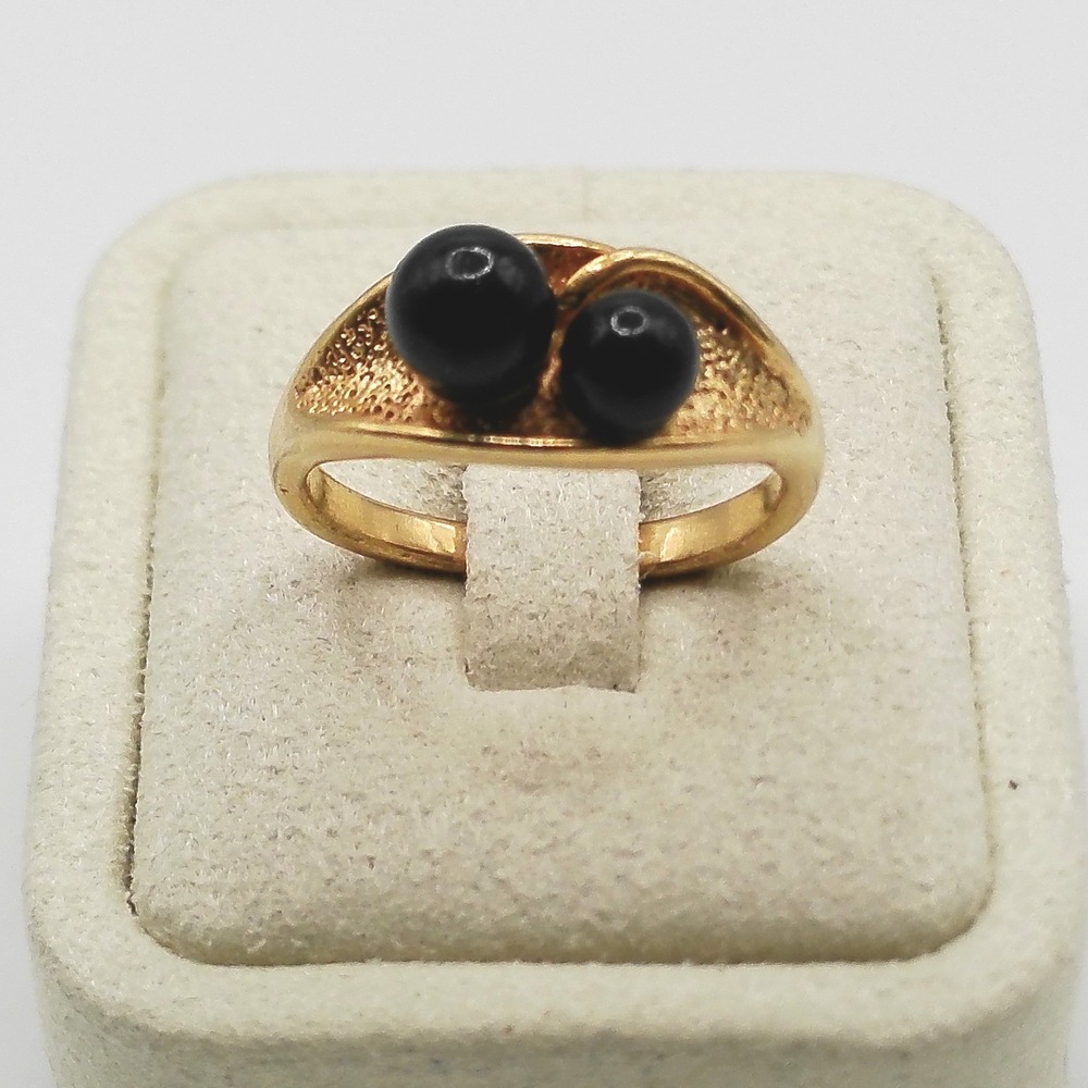 Vintage Gold Tone Textured Bypass Ring Black Double Bead Size 7.75